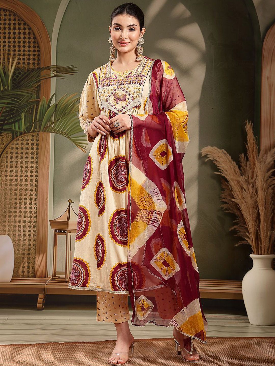 Stylum Women Bandhani Printed Thread Work Pure Cotton Kurta with Trousers & With Dupatta