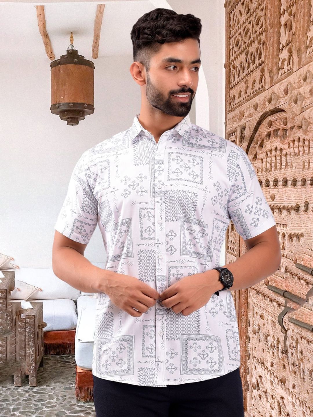 BASE 41 Men Custom Fit Geometric Printed Spread Collar Casual Shirt-image-29