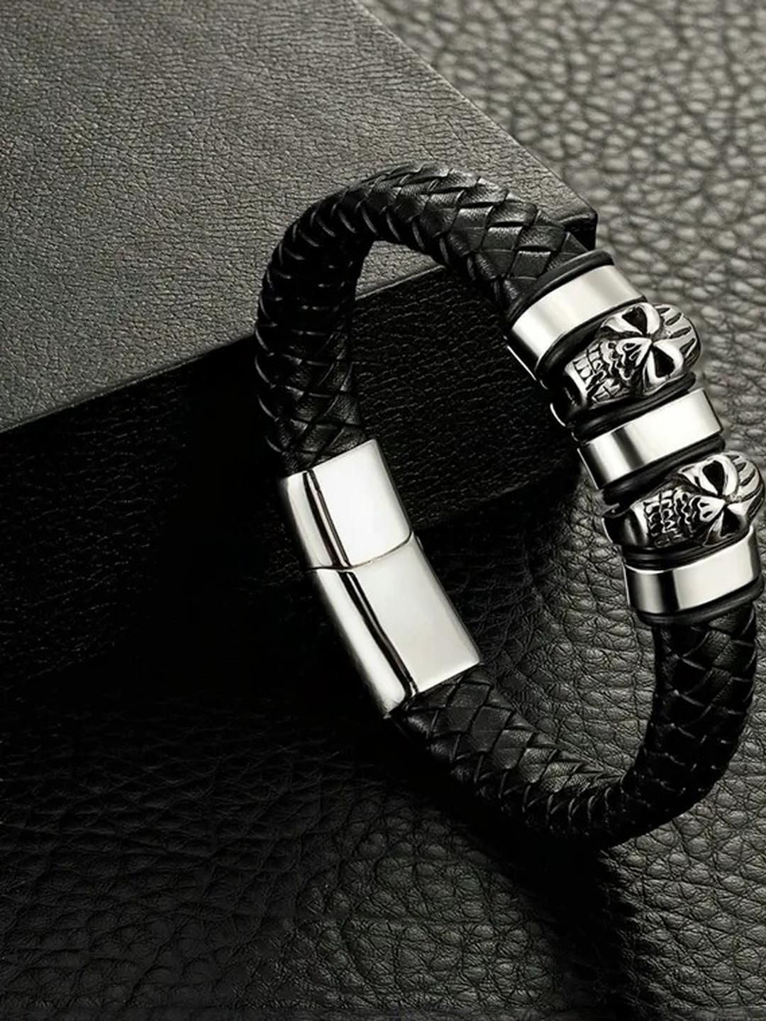 Roadster Men Leather Tribal Silver-Plated Wraparound Bracelet-picture-37