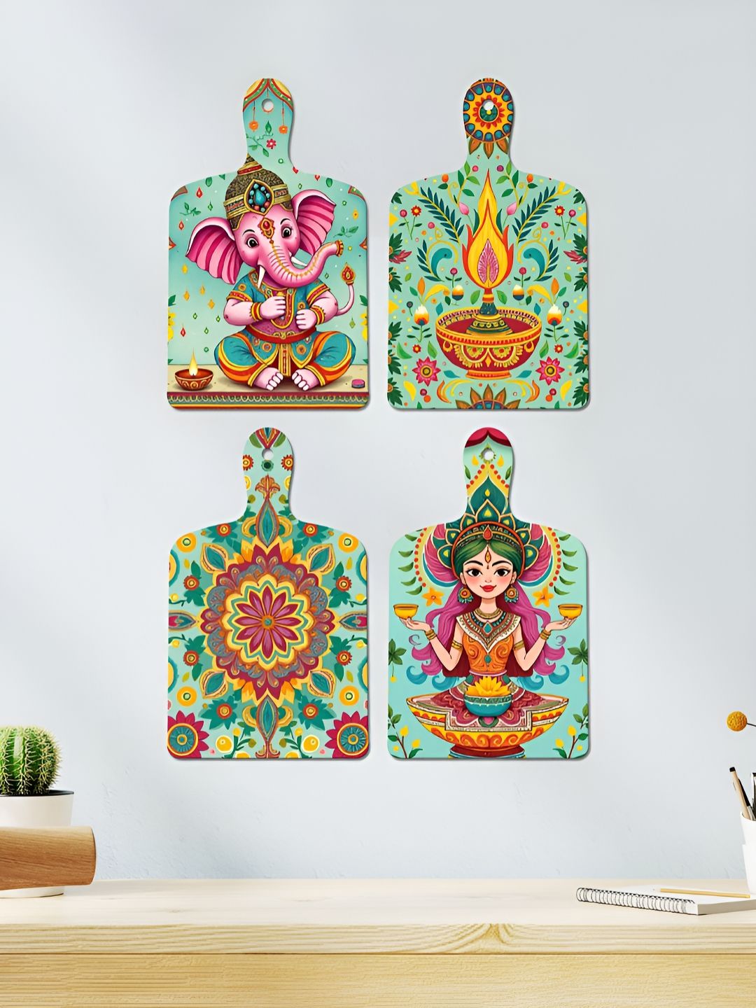 ArtVibes 4-Pcs Green & Pink Pichwai Printed Wooden Wall Hangings-picture-34