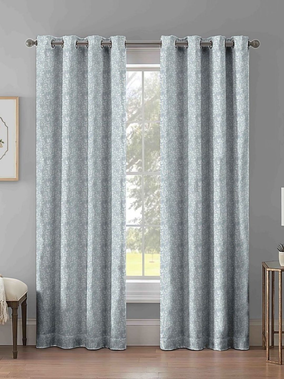 Aura Grey & White 2 Pieces Floral Printed Room Darkening Jacquard Long Door Curtains-image-22