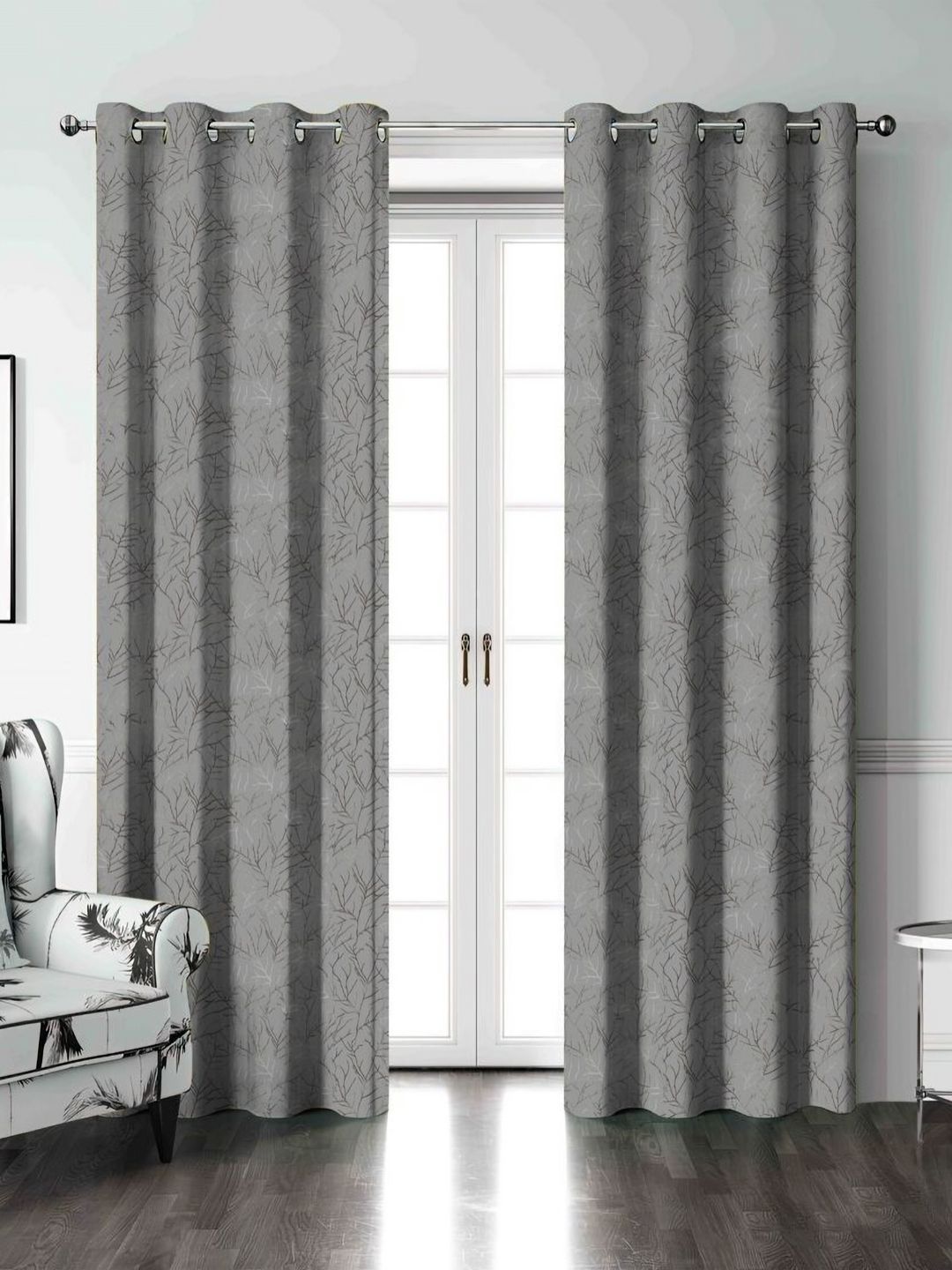 Aura Grey & Brown 2 Pieces Floral Printed Room Darkening Long Door Curtain-image-26