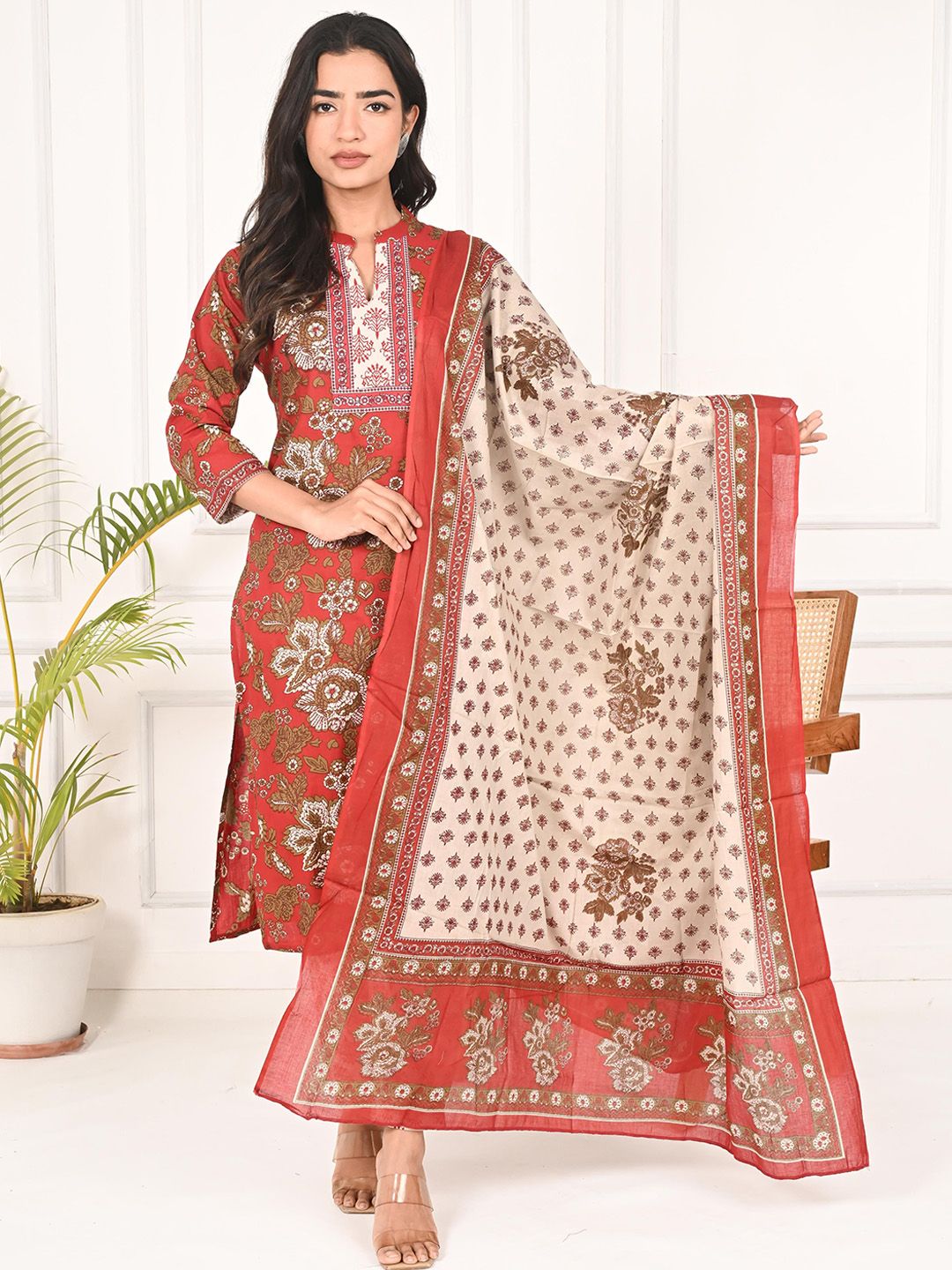 INDULI Women Ethnic Motifs Printed Pure Cotton Kurta with Trousers & Dupatta