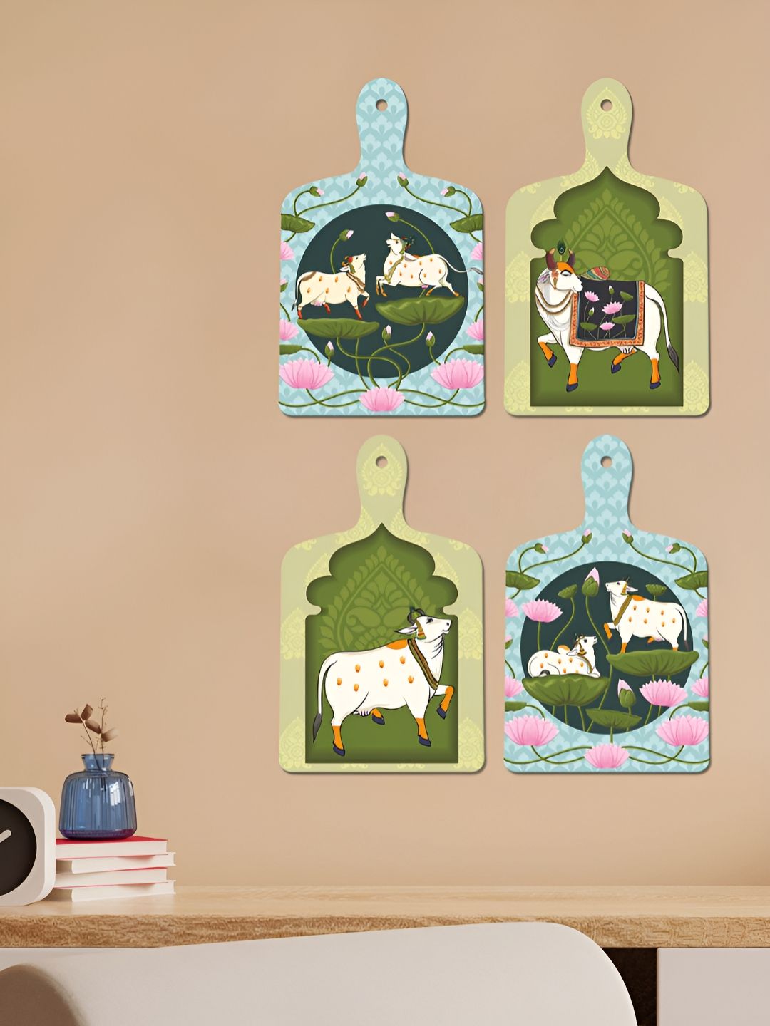 ArtVibes 4-Pcs Blue & Green Pichwai Printed Wooden Wall Hangings-picture-17