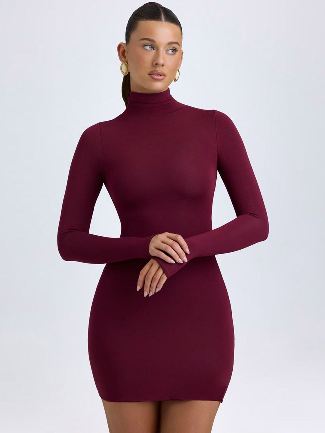 CLAFOUTIS Women High Neck Bell Sleeve Bodycon Mini Dress-picture-3