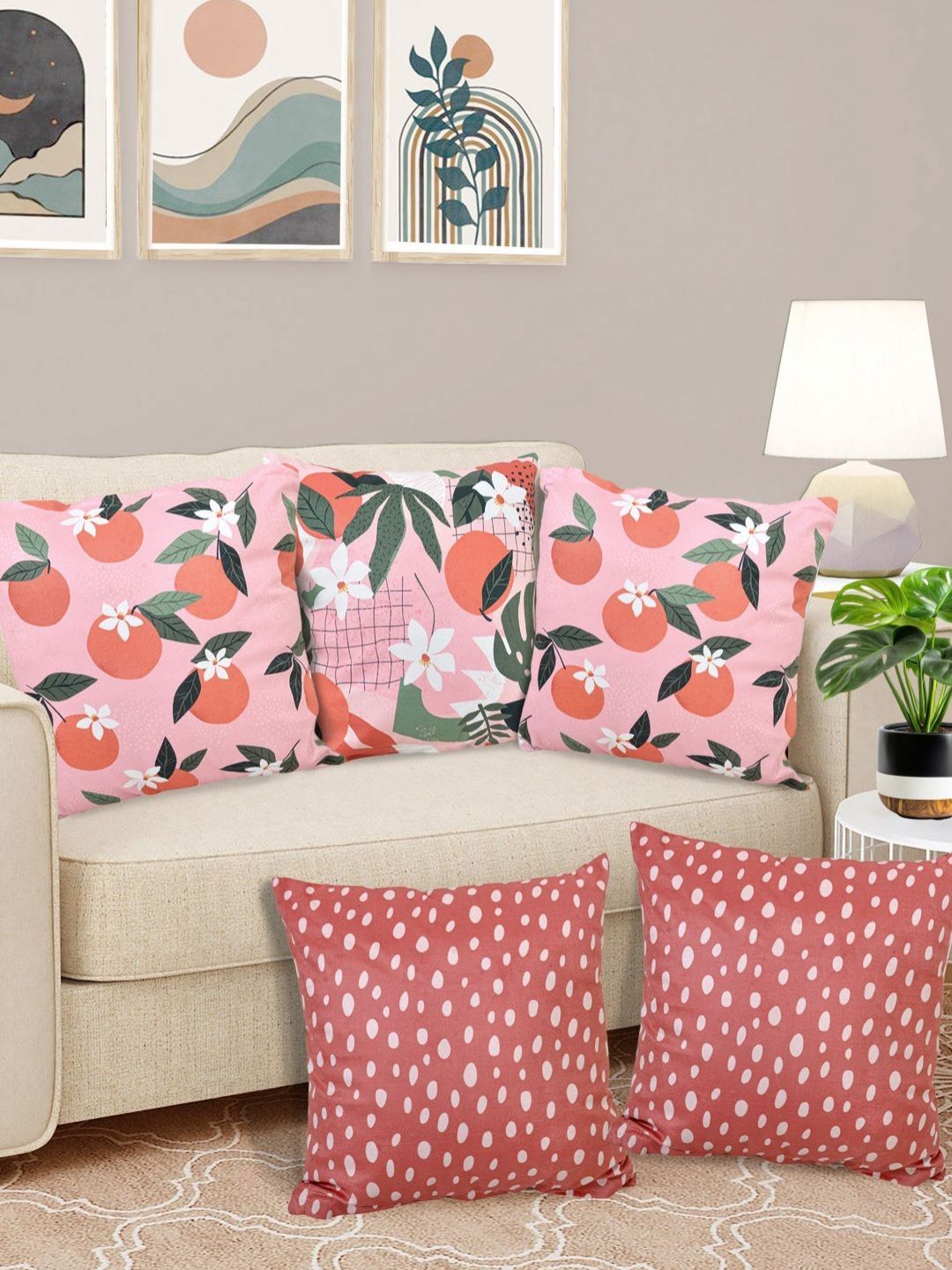 FABINALIV Pink & Brown 5 Pieces Printed Velvet Square Cushion Covers-image-26