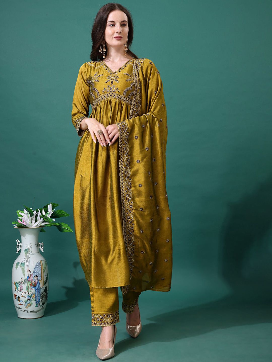KALINI Ethnic Motifs Embroidered V-Neck Thread Work Anarkali Kurta With Trousers & Dupatta
