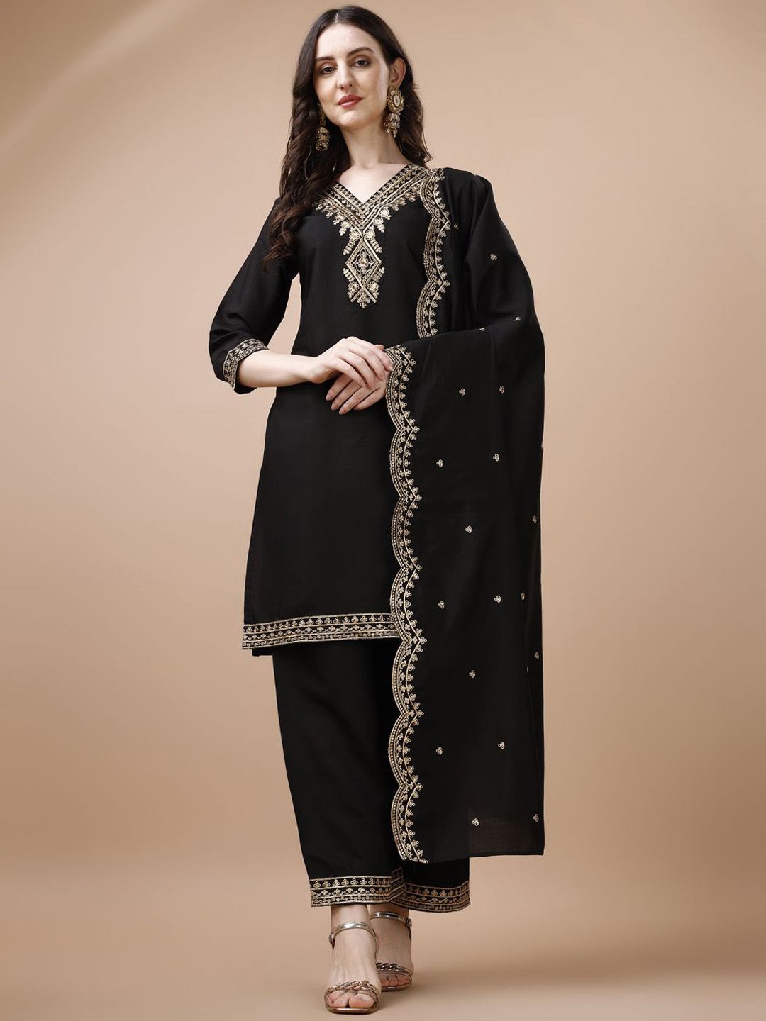 KALINI Women Ethnic Motifs Embroidered V-Neck Zari Straight Kurta with Trousers & Dupatta