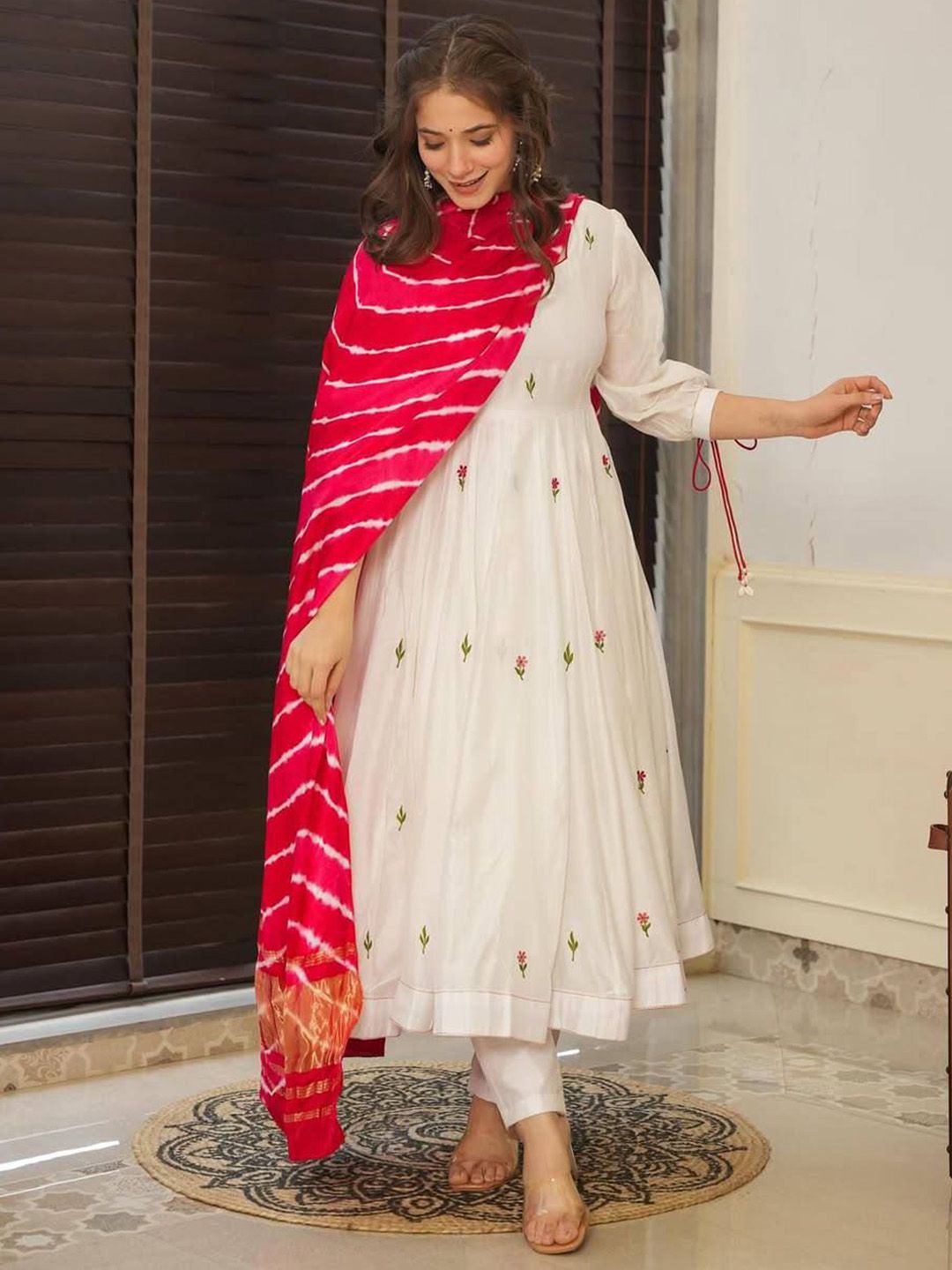 KALINI Floral Embroidered Anarkali Thread Work Chanderi Silk Kurta With Trousers & Dupatta