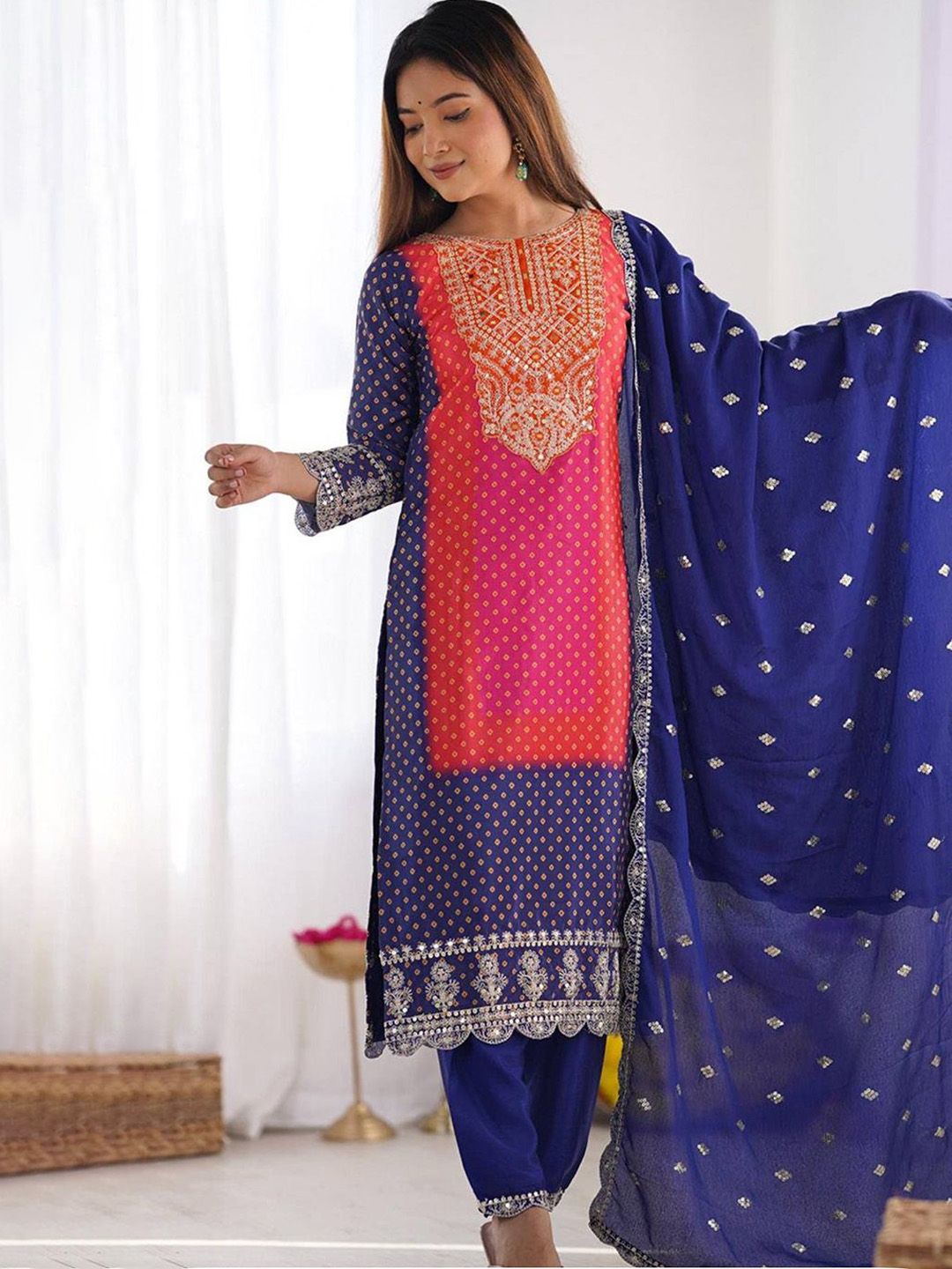 KALINI Bandhani Embroidered Straight Thread Work Kurta With Trouser & Dupatta