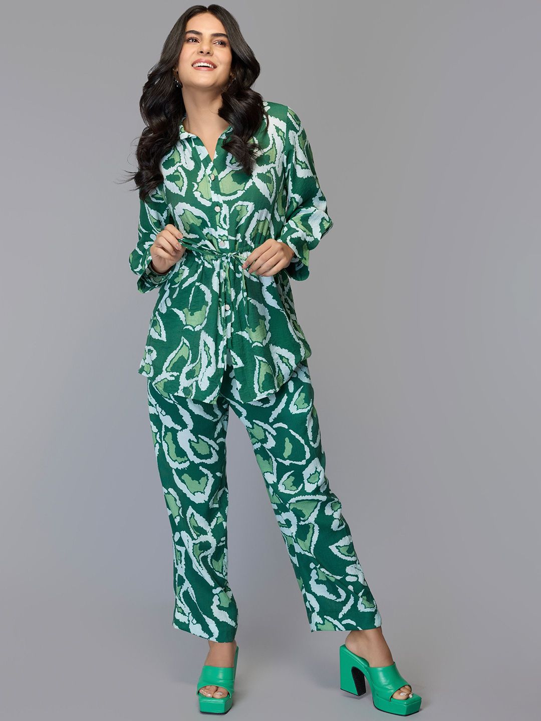 Tamiska By Narendra Kumar Leaf Printed Shirt Collar Neck Shirt With Trousers Co-Ords-picture-12