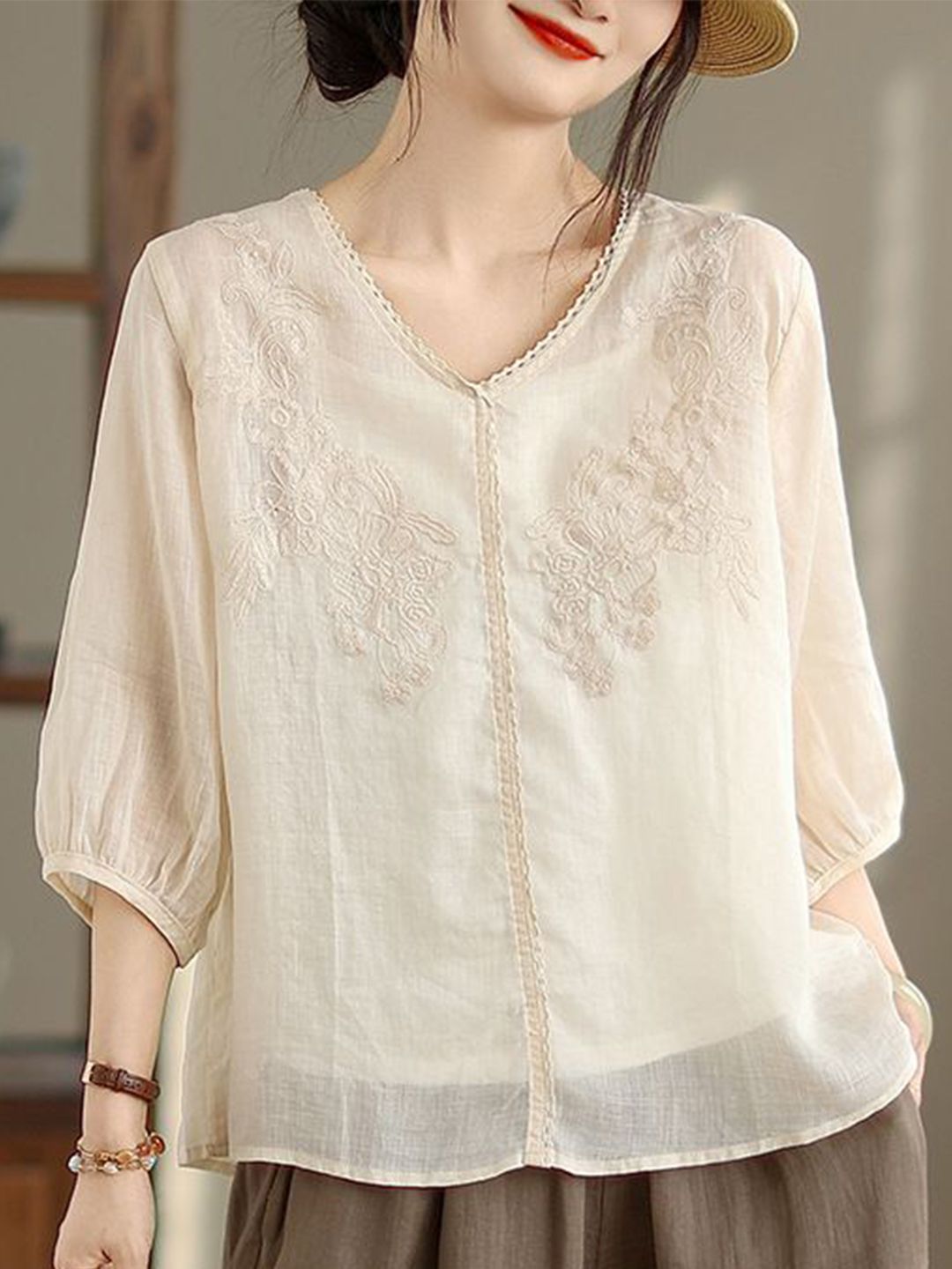 StyleCast x Revolte Women V-Neck Bishop Sleeves Embroidered Cotton Top-picture-37