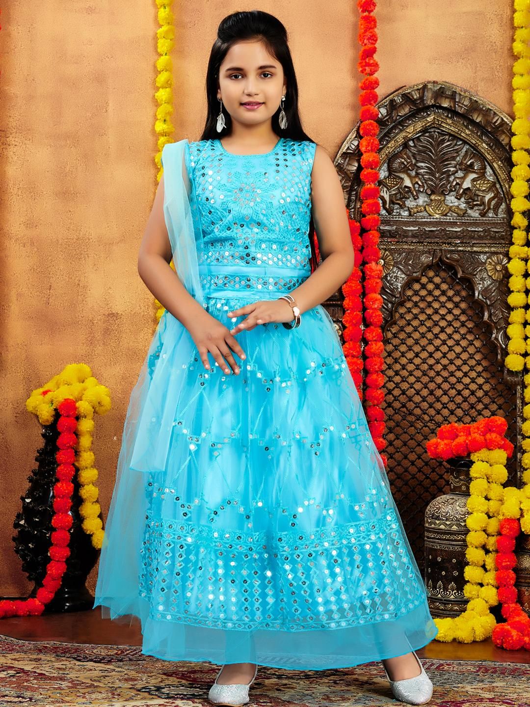 Sangria Girls Turquoise Blue Net Lehenga Choli-picture-31