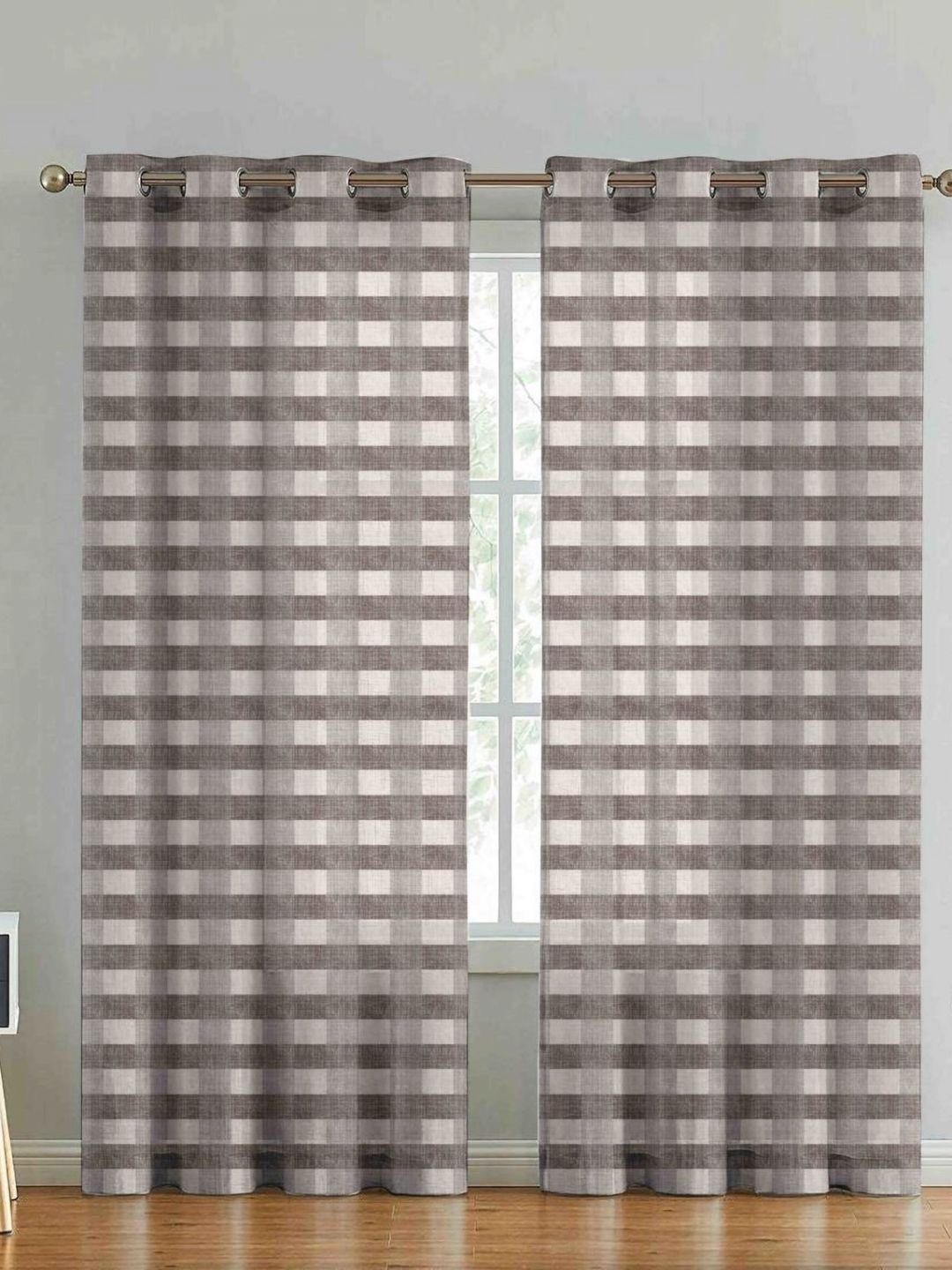 Aura Coffee Brown & Cream-Coloured 2 Pieces Checked Linen Door Curtains-image-31