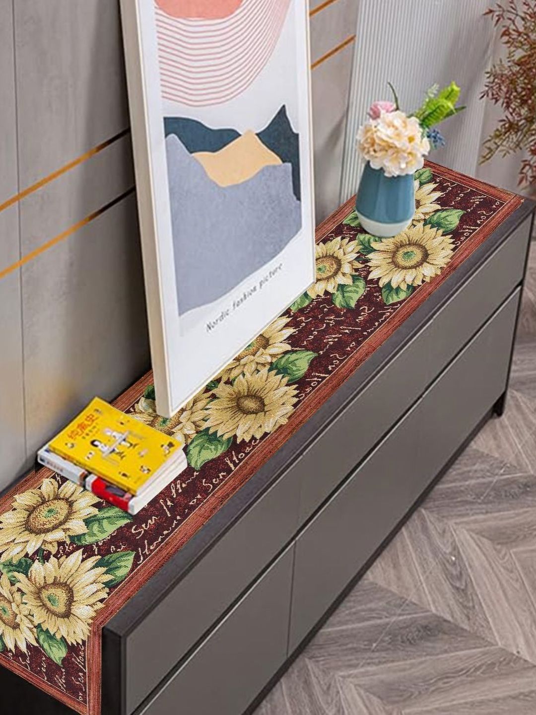 PRAKARTIK Yellow & Maroon Floral Printed Pure Cotton Durable TableRunner