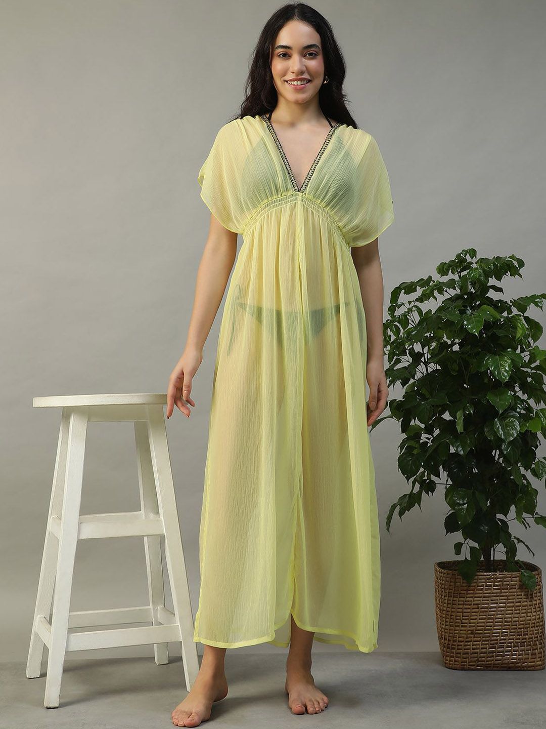 Oxolloxo V-Neck Short Sleeve Lace Detail Maxi Beachwear Dress-image-31