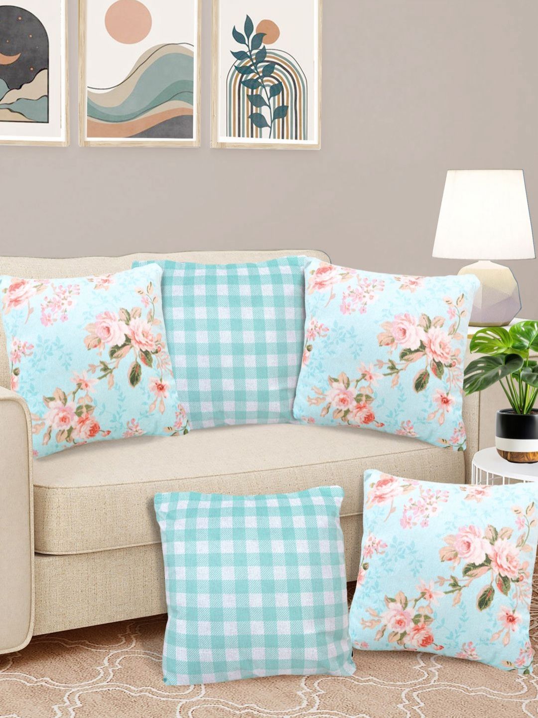 FABINALIV Turquoise Blue & White 5 Pieces Printed Velvet Square Cushion Covers-image-20
