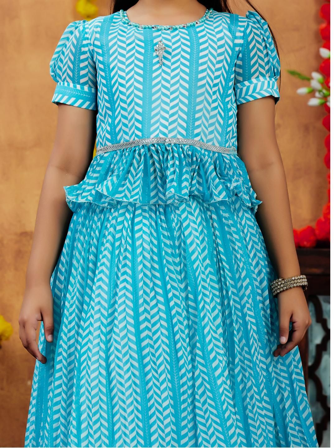 Sangria Girls Turquoise Blue Poly Georgette Lehenga Choli-picture-25