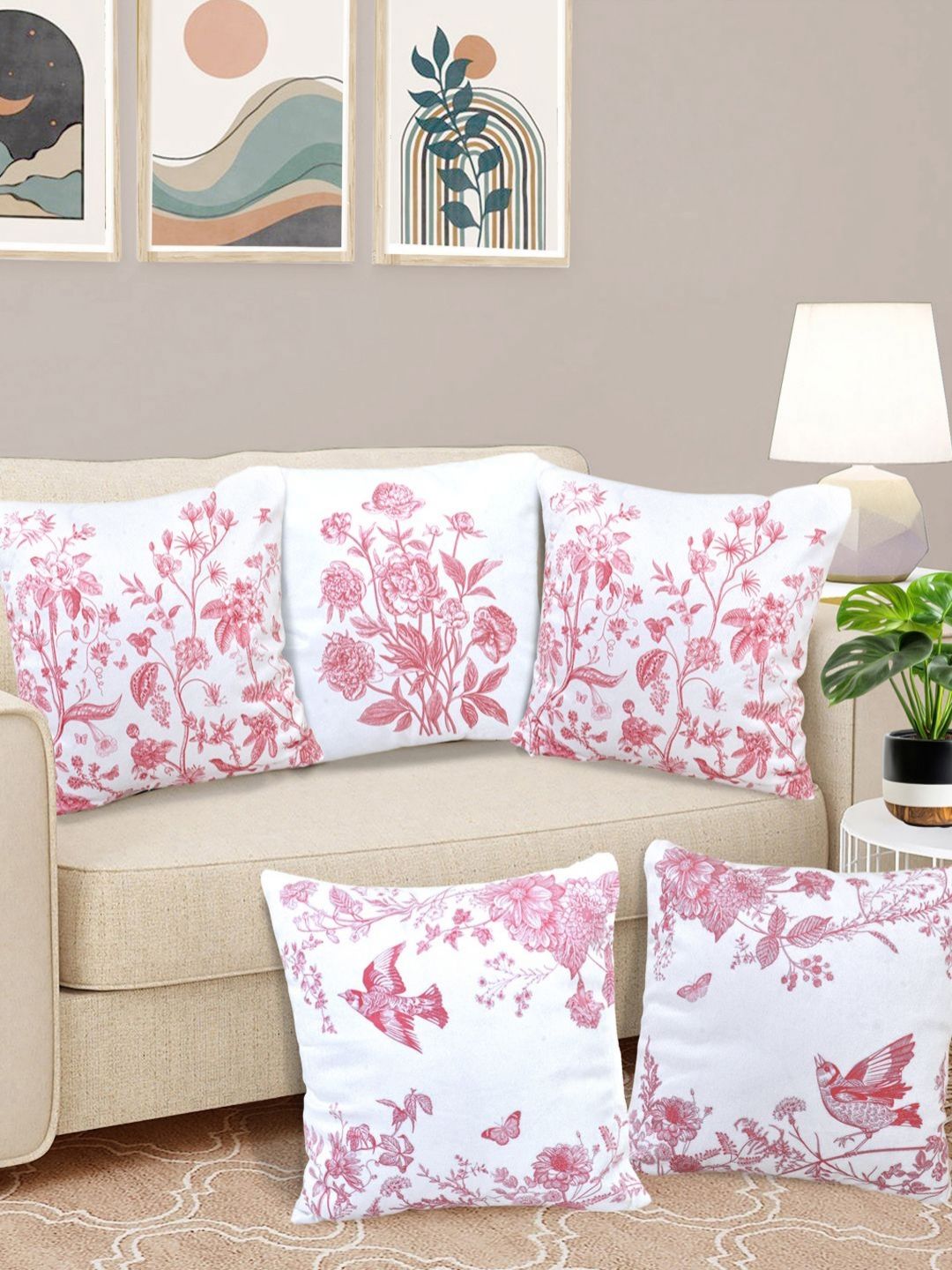 FABINALIV Pink & White 5 Pieces Floral Velvet Square Cushion Covers-image-9