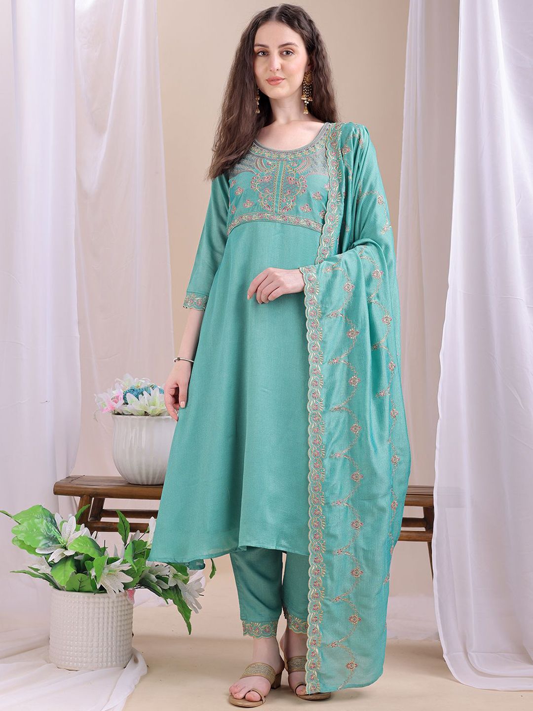 KALINI Women Ethnic Motifs Embroidered Thread Work Kurta With Trousers & Dupatta