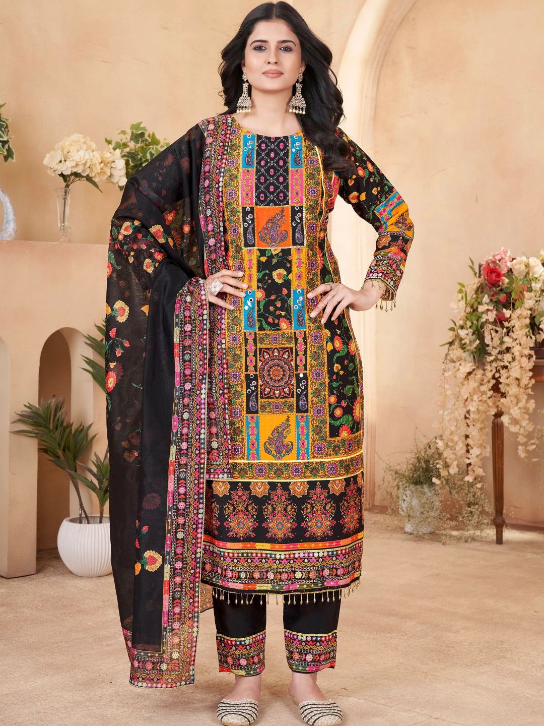 NKV Floral Printed Round Neck Straight Mirror Work Kurta With Trousers & Dupatta
