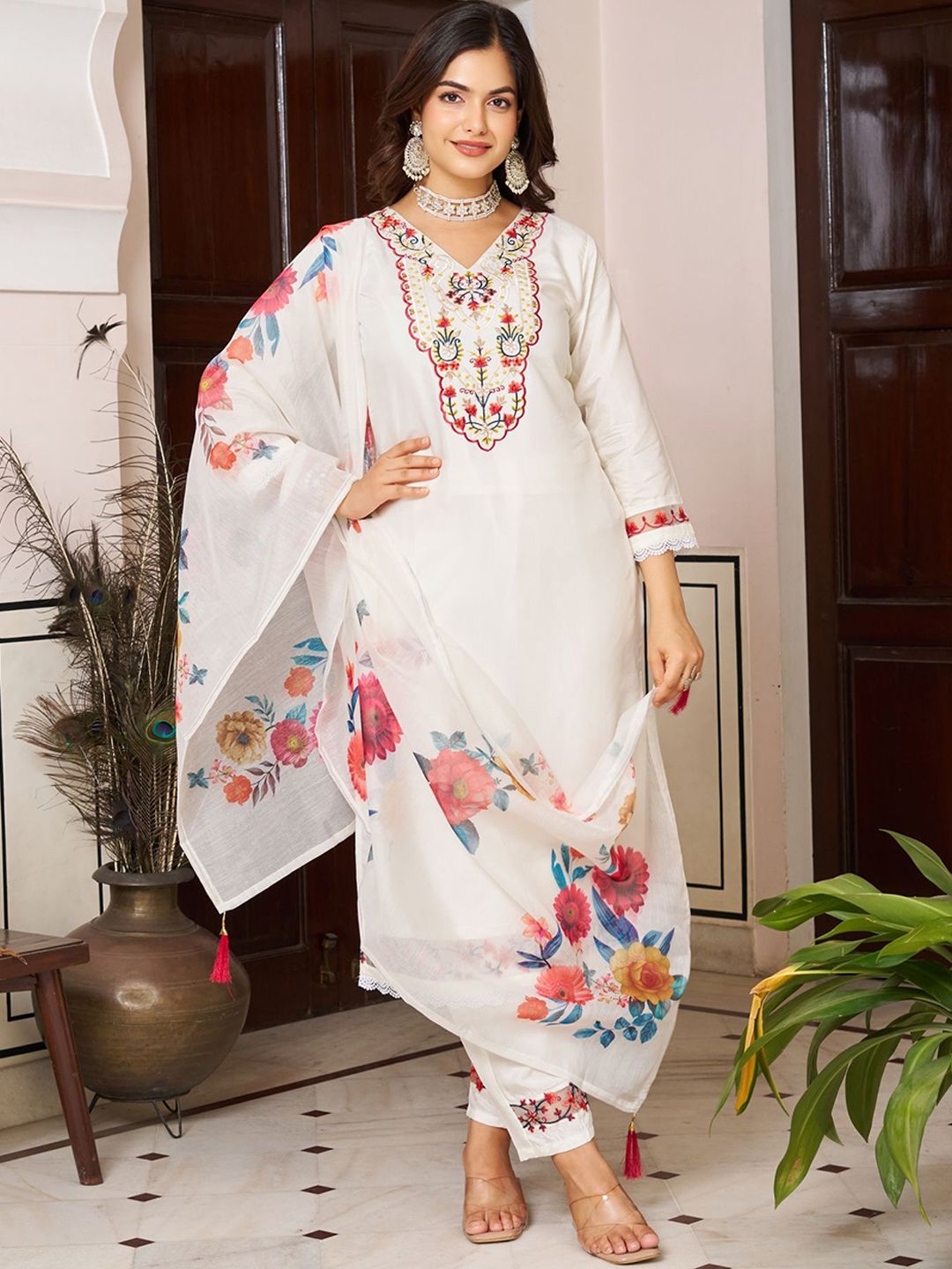 KALINI Embroidered Straight Thread Work Chanderi Silk Kurta With Trousers & Dupatta