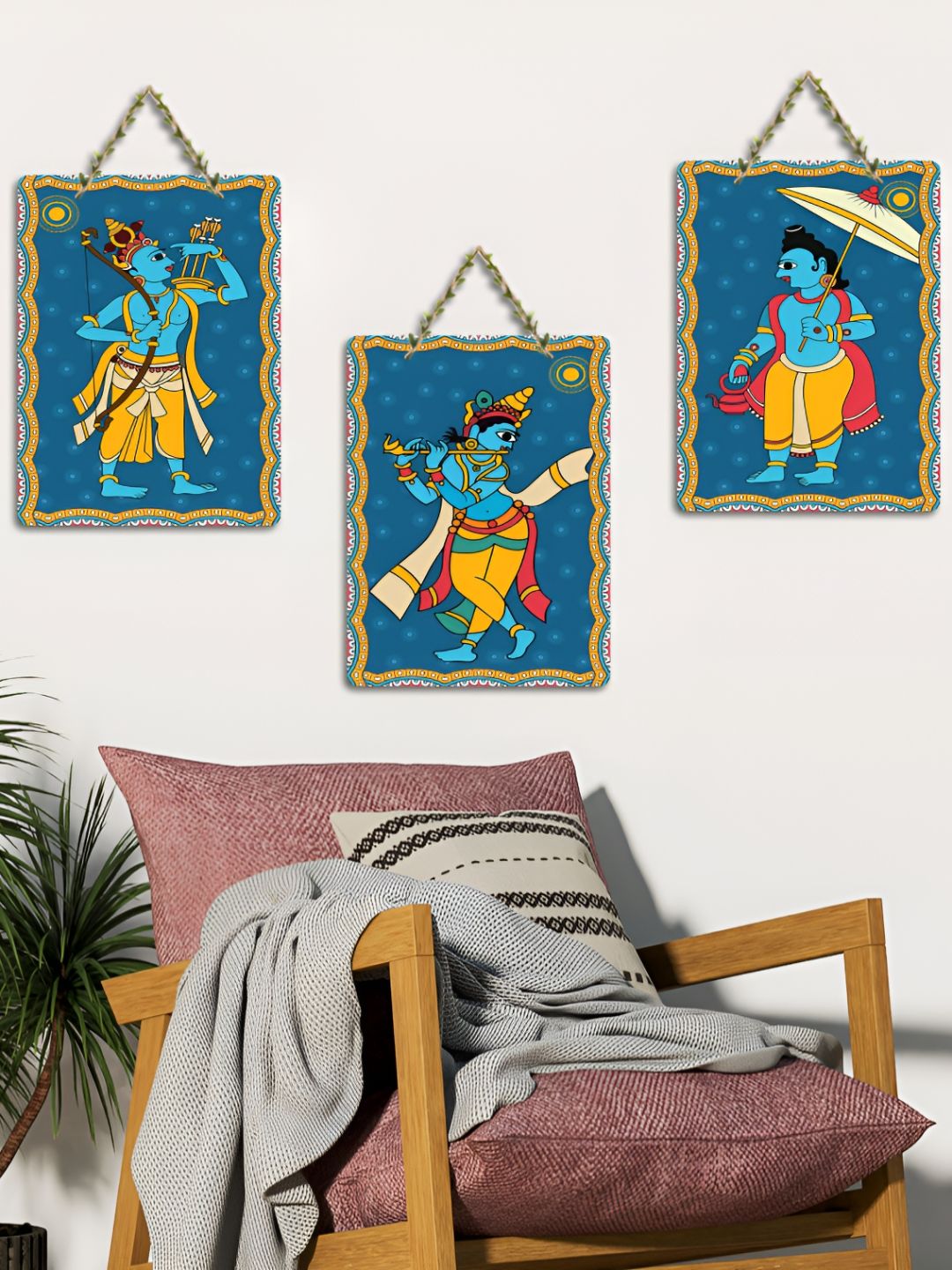 ArtVibes 3-Pcs Blue & Yellow Madhubani Printed Wooden Wall Hanging Decor-picture-22