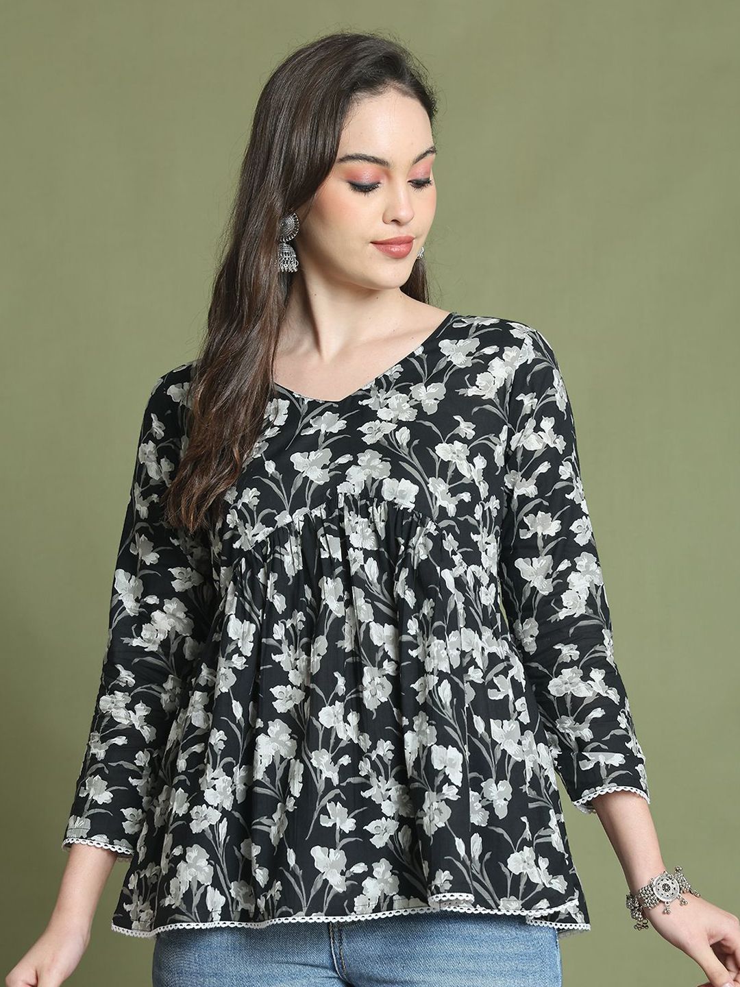 KALINI Floral Printed V-Neck Pure Cotton Empire Top-image-43