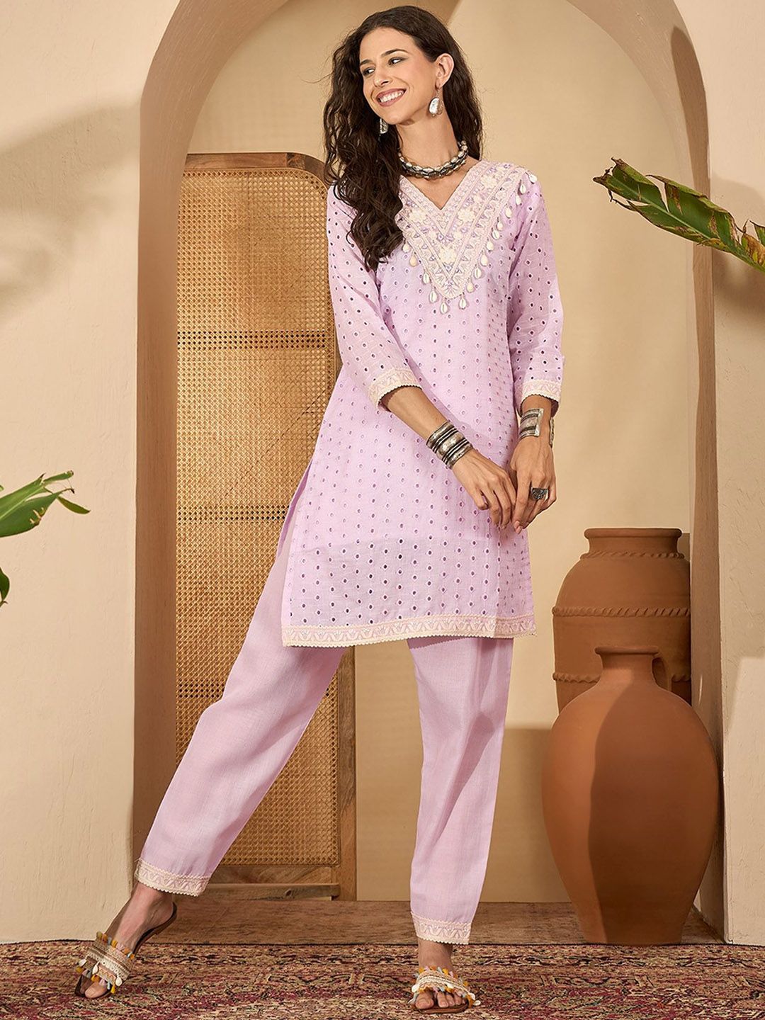 Sangria Women Schiffli-Embroidered Pure Cotton Kurta Set