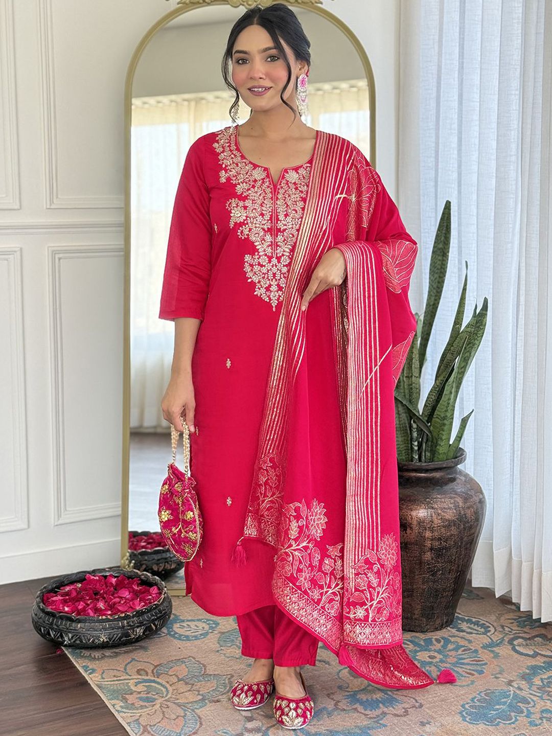 KALINI Ethnic Motifs Embroidered Straight Thread Work Kurta With Trousers & Dupatta