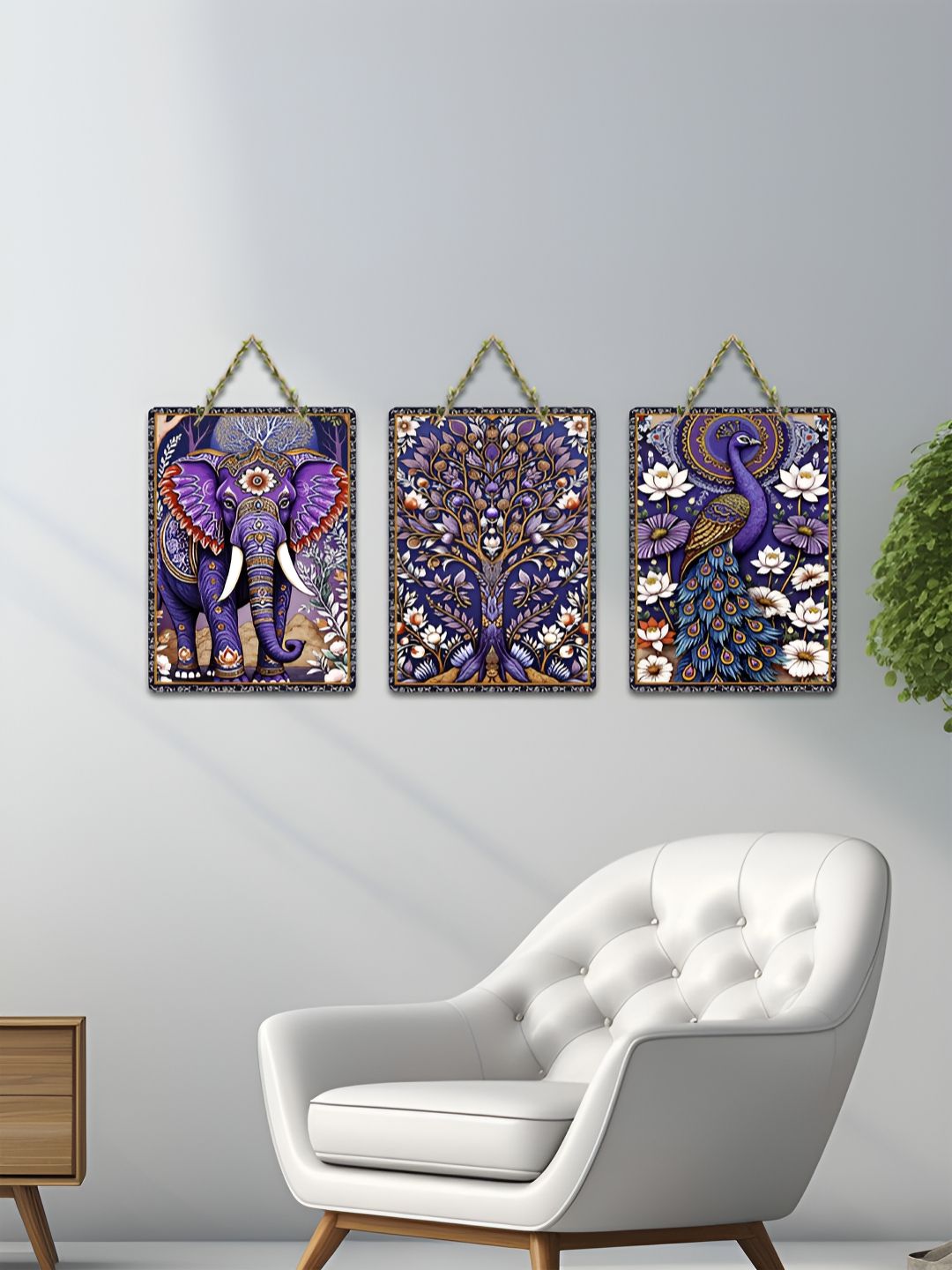 ArtVibes Violet & Blue 3 Pieces Violet Vibes of India Printed Wooden Wall Hanging Decors-picture-41
