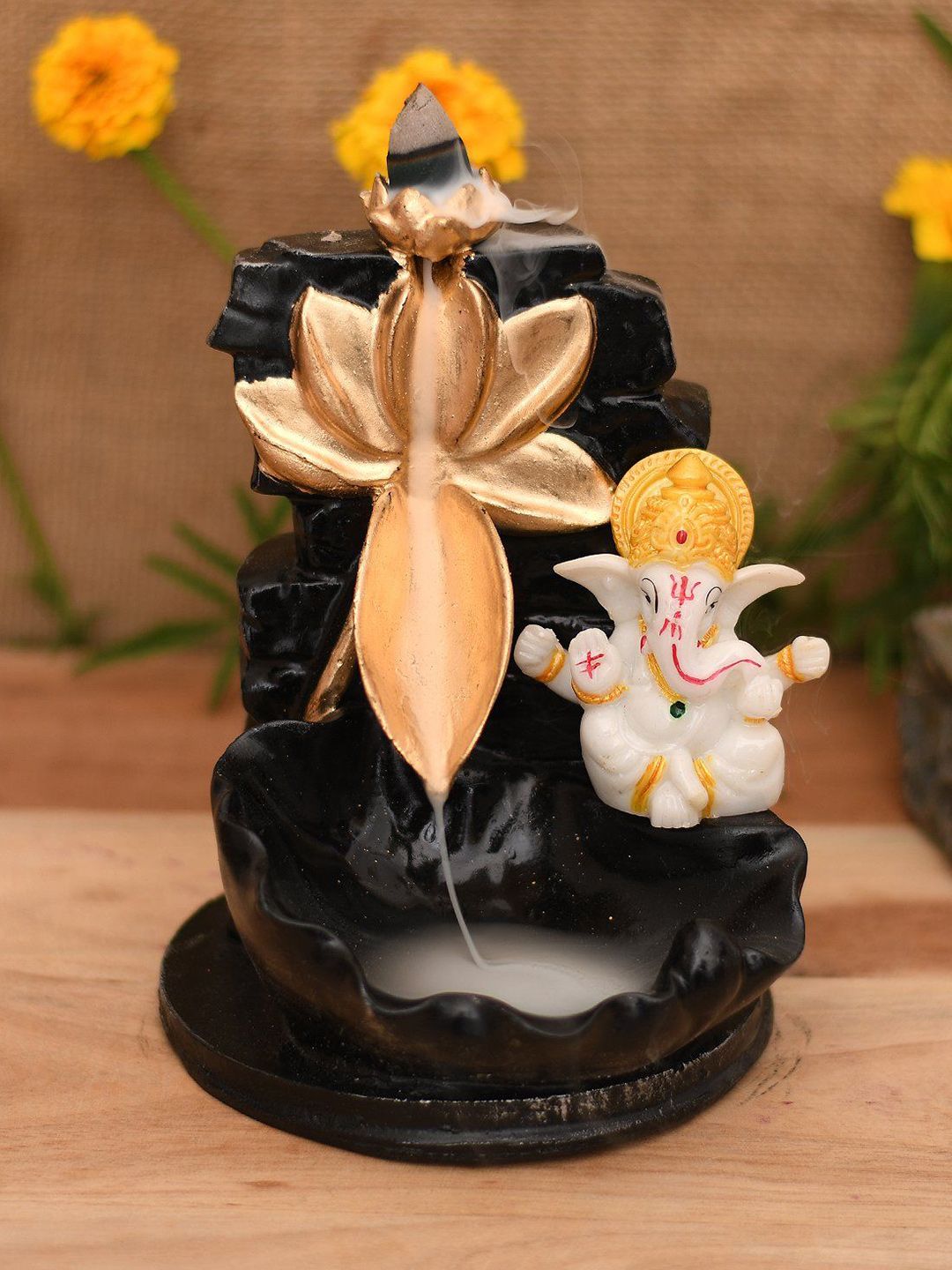 CRAFTAM Black & White Ganesha Sitting Near Smoke Backflow Fountain With 1 Scented Cone-image-24