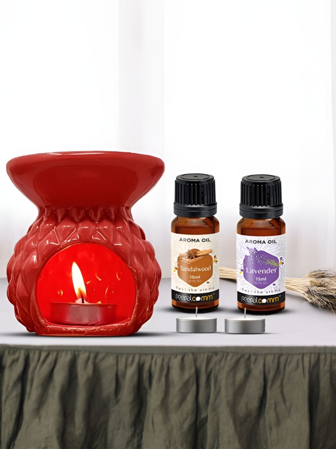 PEEPALCOMM 5Pcs Red Textured Ceramic T-light Aroma Diffuser With Oils - 15 ml Each-picture-23