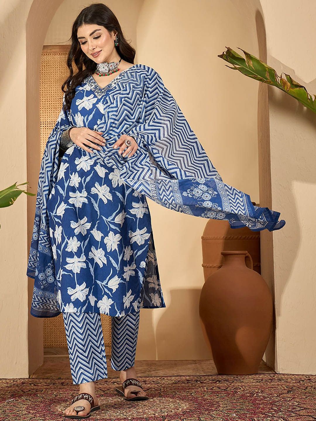 Sangria Women Floral Printed Cotton A-Line Kurta with Trousers & Dupatta
