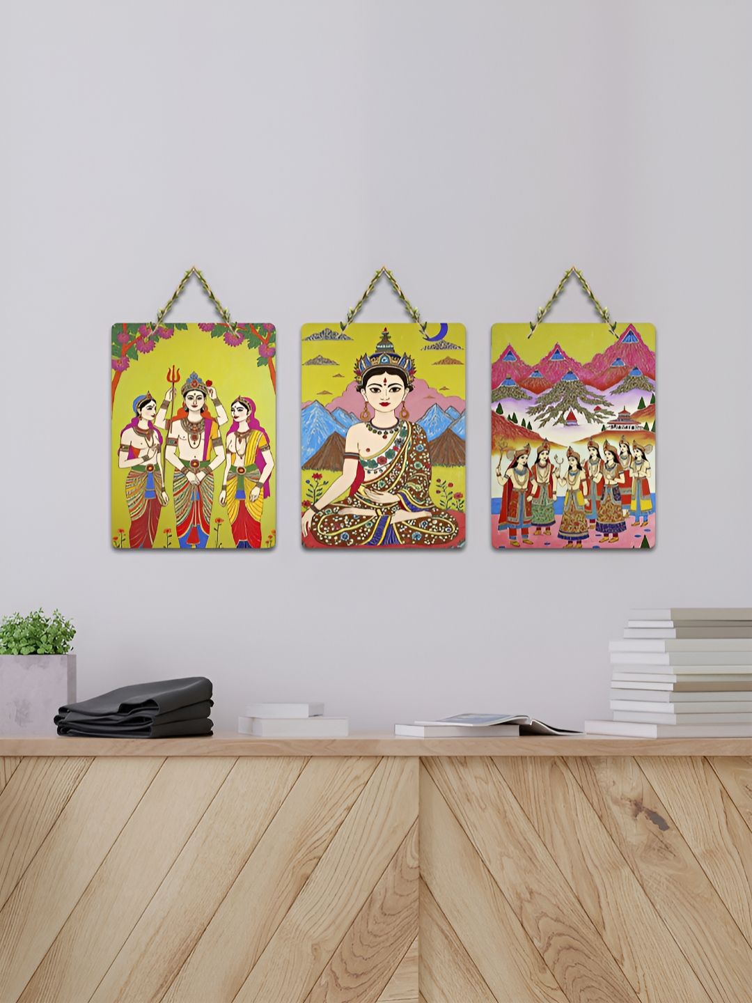 ArtVibes 3-Pcs Yellow & Red Hindu Deity Printed Wooden Wall Hanging Decor-picture-29