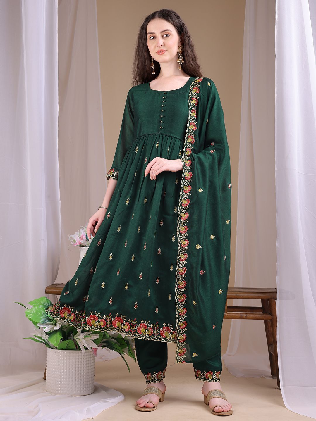 KALINI Women Ethnic Motifs Embroidered Anarkali Kurta With Trousers & Dupatta