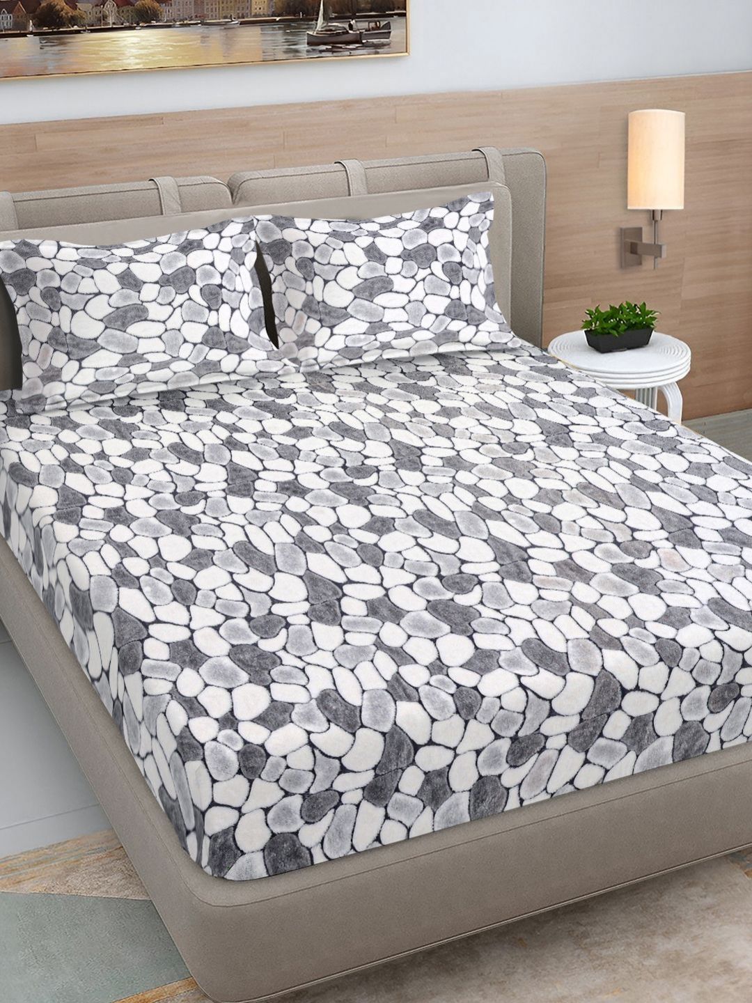 Myntra Elegant Homes Grey & White 300 TC Fitted Wool King Bedsheet Set Set 2.50 m x 2.25 m-image-26