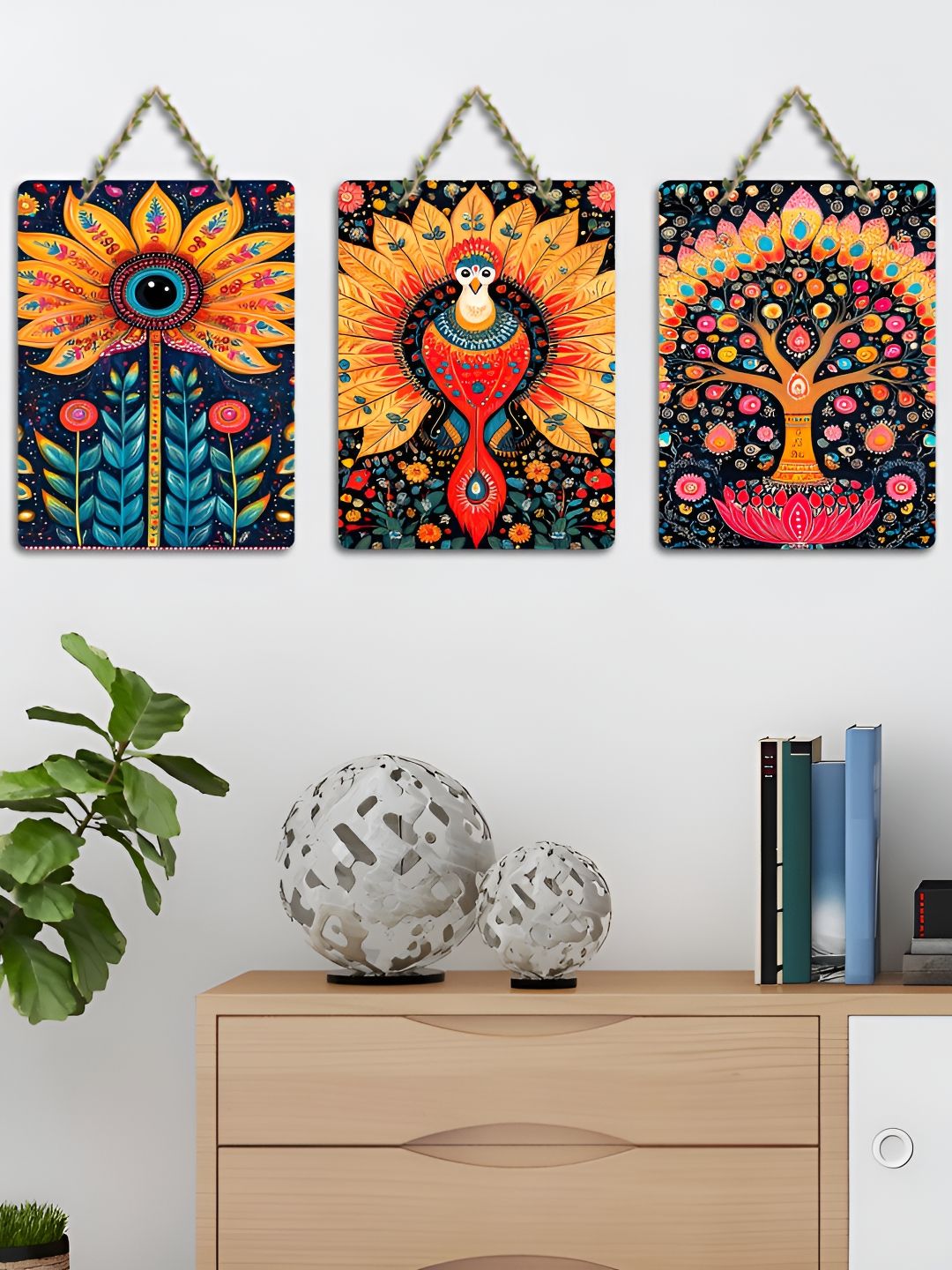 ArtVibes Yellow & Blue 3 Pieces Folk Printed Wooden Wall Hanging Decors-picture-35