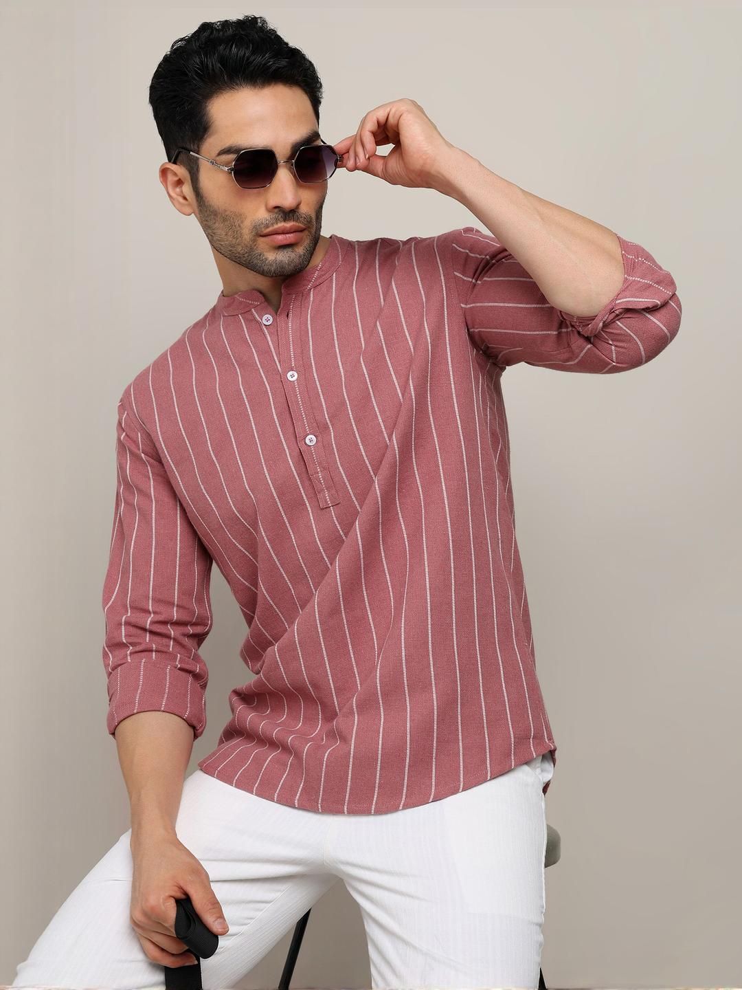 SWAGG INDIA Striped Cotton Mandarin Collar Straight Kurta-picture-21