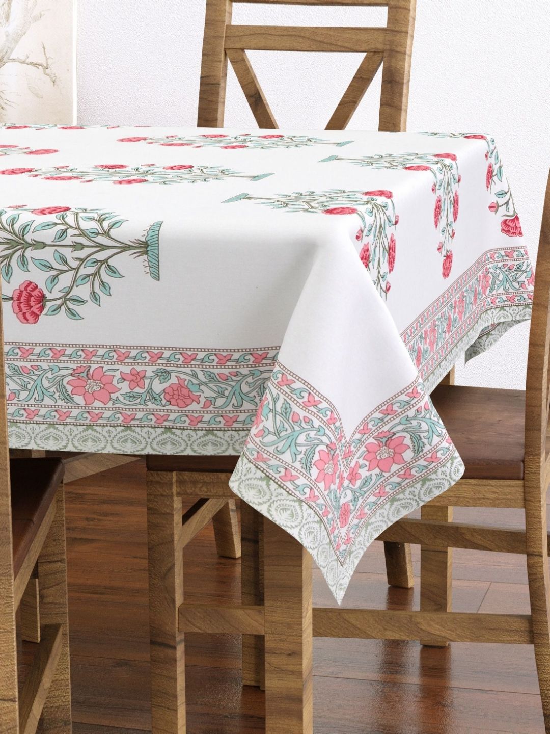 Texstylers White & Red Floral Printed Anti-Slip Cotton 6-Seater Table Cover-picture-27