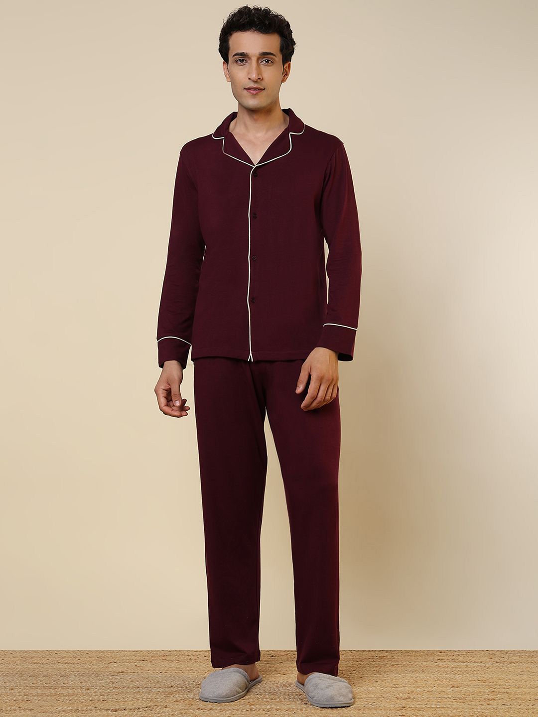 SleepZ by Raymond Lapel Collar Shirt & Trousers Night Suit-image-29