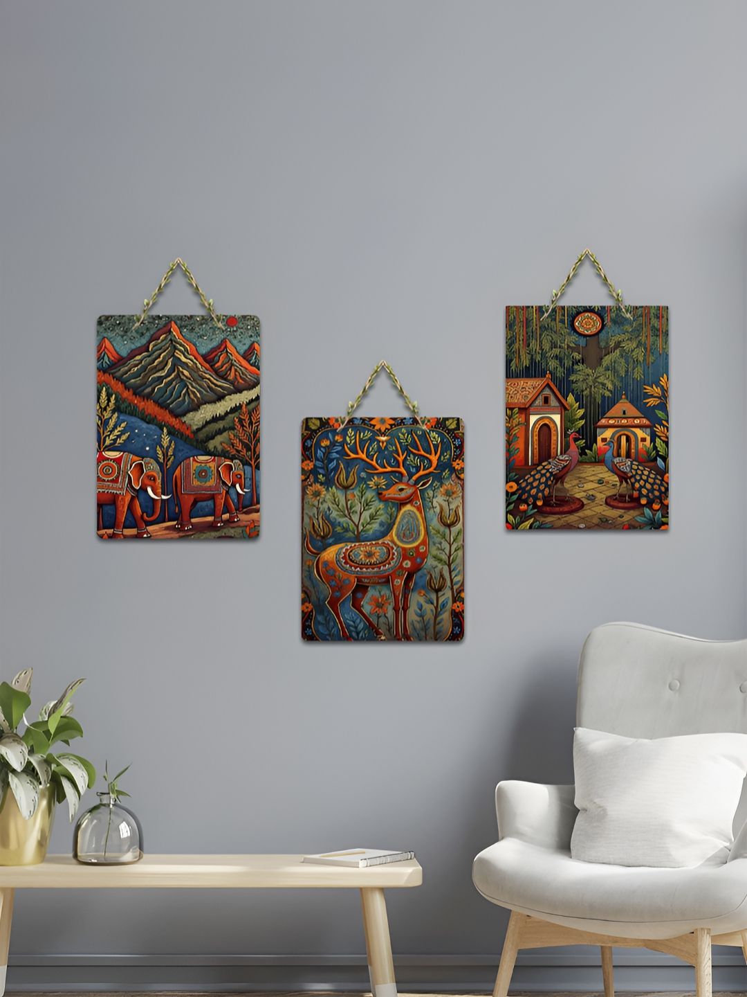 ArtVibes 3-Pcs Green & Brown Wild Harmony Printed Wooden Wall Hanging Decor-picture-21