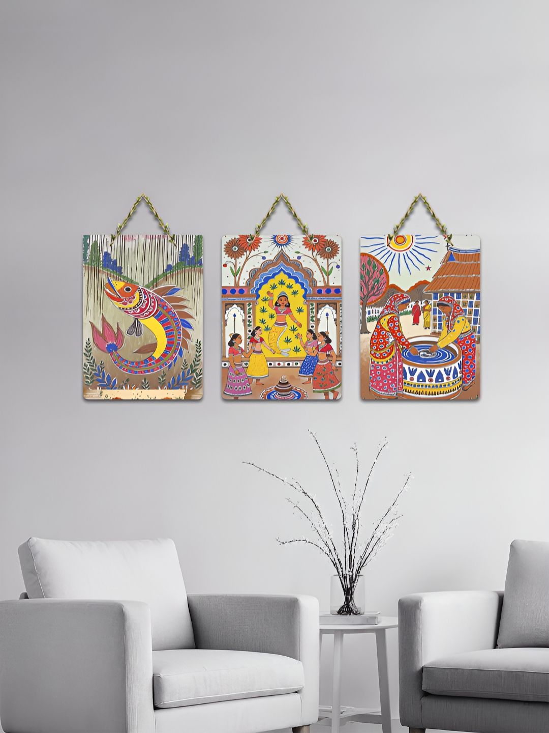 ArtVibes 3-Pcs Yellow & Brown Modern Art Printed Wooden Wall Hanging Decor-picture-17