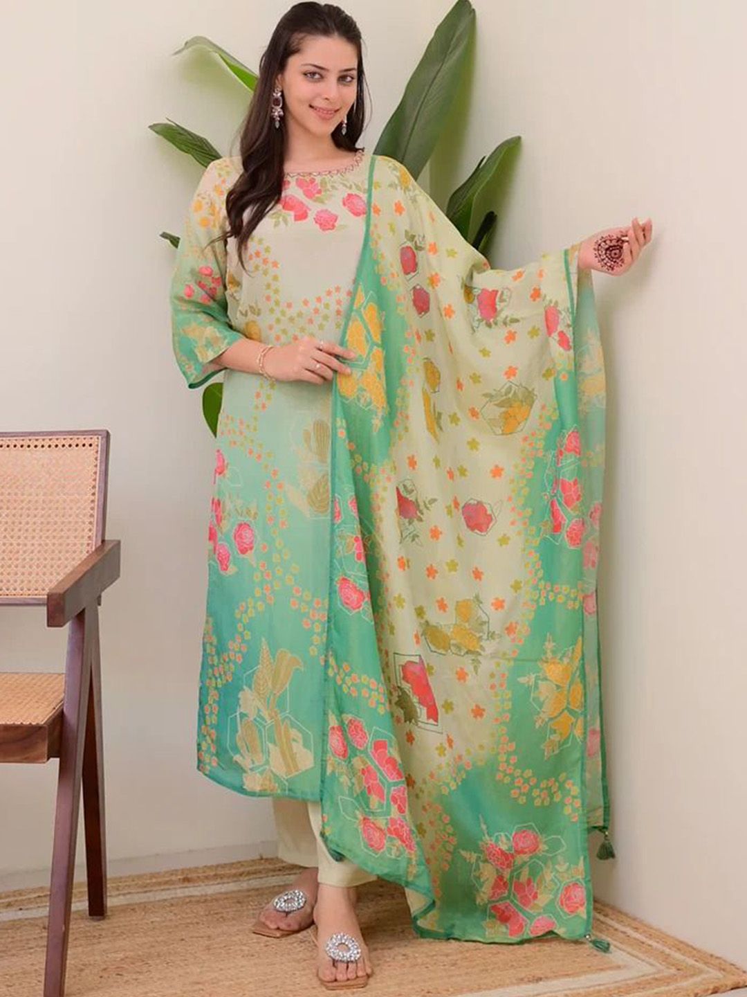 KALINI Floral Printed Round Neck Straight Kurta With Trousers & Dupatta