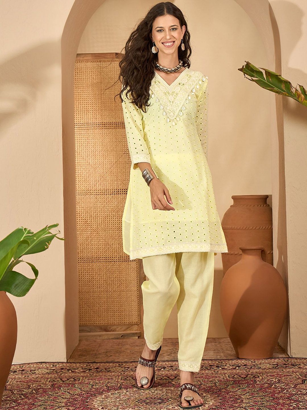 Sangria Schiffli Embroidered Pure Cotton Tunic & Trousers Kurta Set