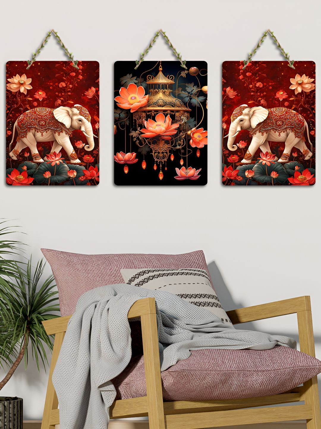 ArtVibes Red & Beige 3 Pieces Madhubani Printed Wooden Wall Hanging Decors-picture-40