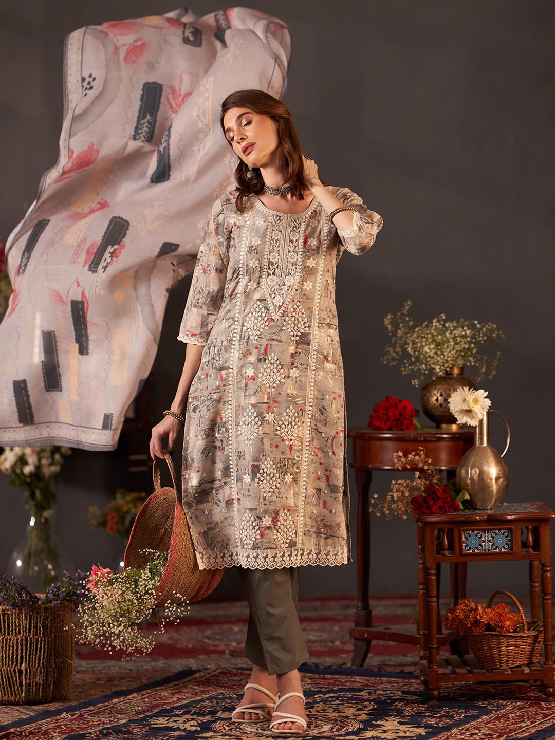 Anouk Women Ethnic Motifs Printed Cotton Kurta with Trousers & Dupatta