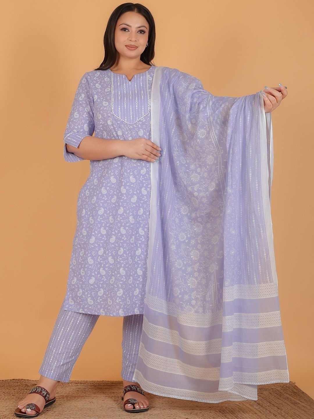 Aramya Paisley Printed Notch Neck Pure Cotton Straight Kurta With Trousers & Dupatta