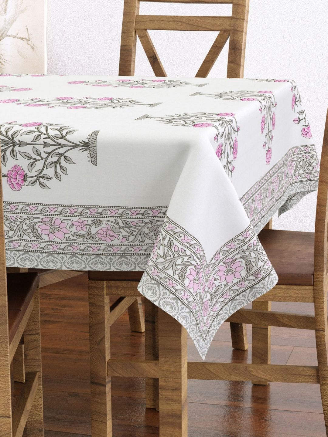 Texstylers White & Pink Floral Printed Anti-Slip Cotton 6-Seater Table Cover-image-14