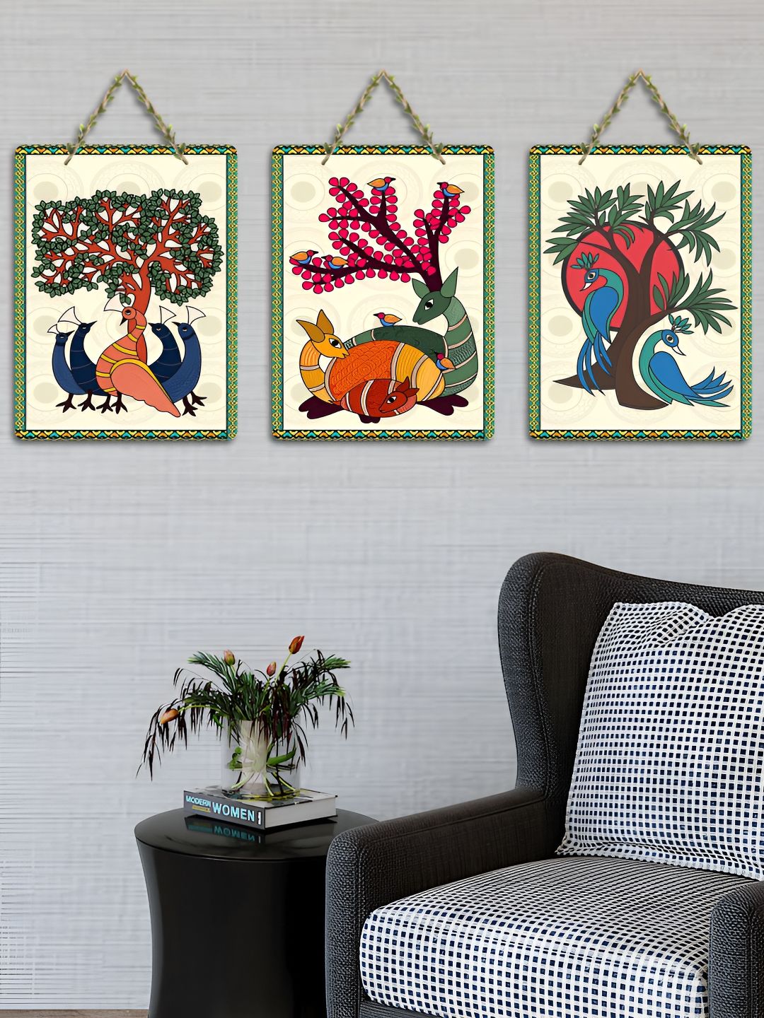 ArtVibes 3-Pcs Beige & Green Madhubani Printed Wooden Wall Hanging Decor-picture-26